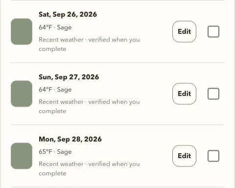 Real Catch up list showing September 26, 27, and 28, their temperatures and Sage yarn, with an Edit button and completion checkbox for each row.