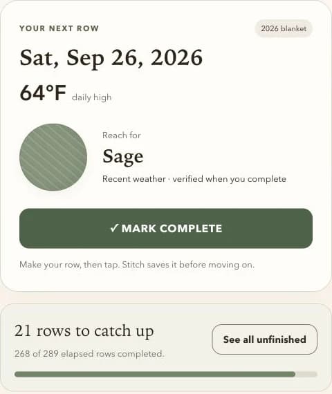 Stitch’s real next-row screen: September 26, 64°F, Sage yarn, Mark Complete, and 268 of 289 elapsed rows completed.